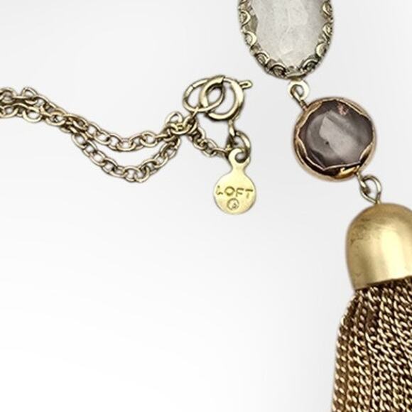 Loft Beaded Tassel Necklace Gold Gray Beads Statement Jewelry - Picture 6 of 8
